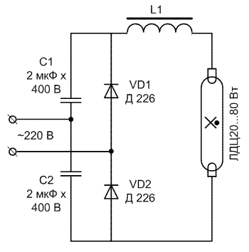 Схема для увеличения напряжения с диодами и конденсаторами в сочетании с дросселем